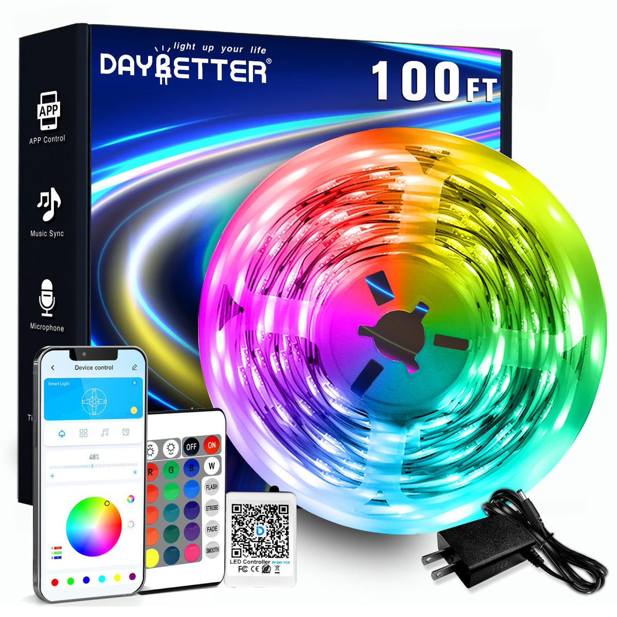 DAYBETTER LED Strip Lights 130ft Lights Strip for Bedroom, Desk, Indoor Room Bedroom Birthday Gifts RGB Decor with Remote and 24V Power Supply