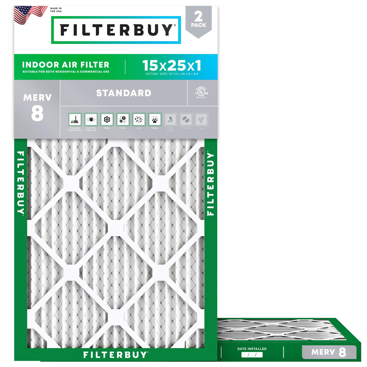 Filterbuy 18x18x1 Air Filter MERV 8 Dust & Allergy Defense (2-Pack)