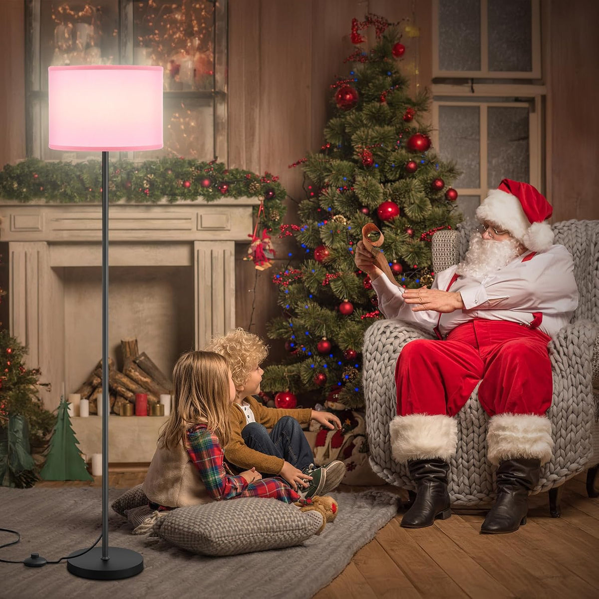 Ambimall Floor Lamp for Living Room with Smart Light Bulb, RGB + Stepless Dimmable Colors Temperature & Brightness(White Shade & Black Pole)