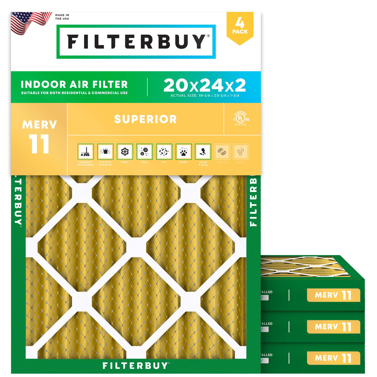 Filterbuy 16x20x1 Air Filter MERV 11 Pet & Allergy Defense (4-Pack)