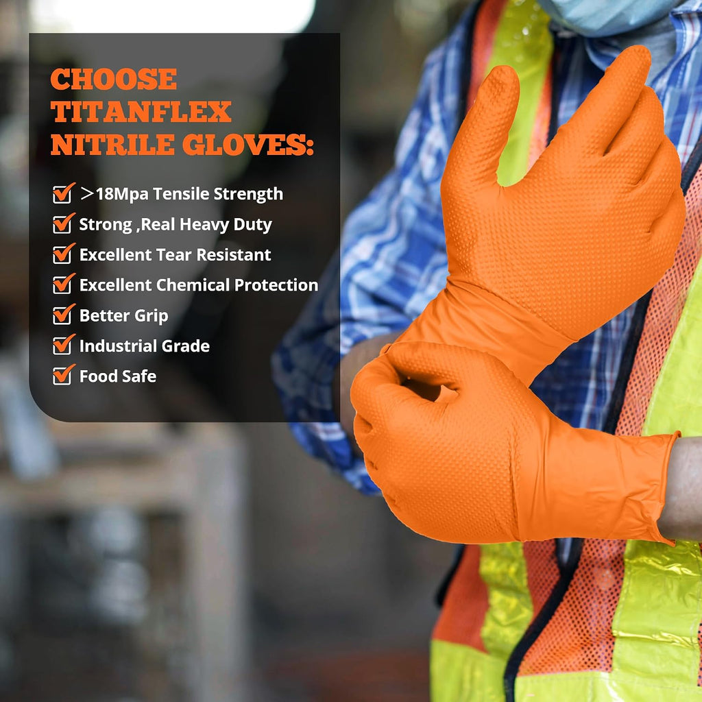 TitanFlex Heavy Duty Industrial Orange Nitrile Gloves, 8-mil, Gloves Disposable Latex Free with Raised Diamond Texture Grip, Powder Free, Rubber Glove, Mechanic Gloves,50-ct Box (Small)