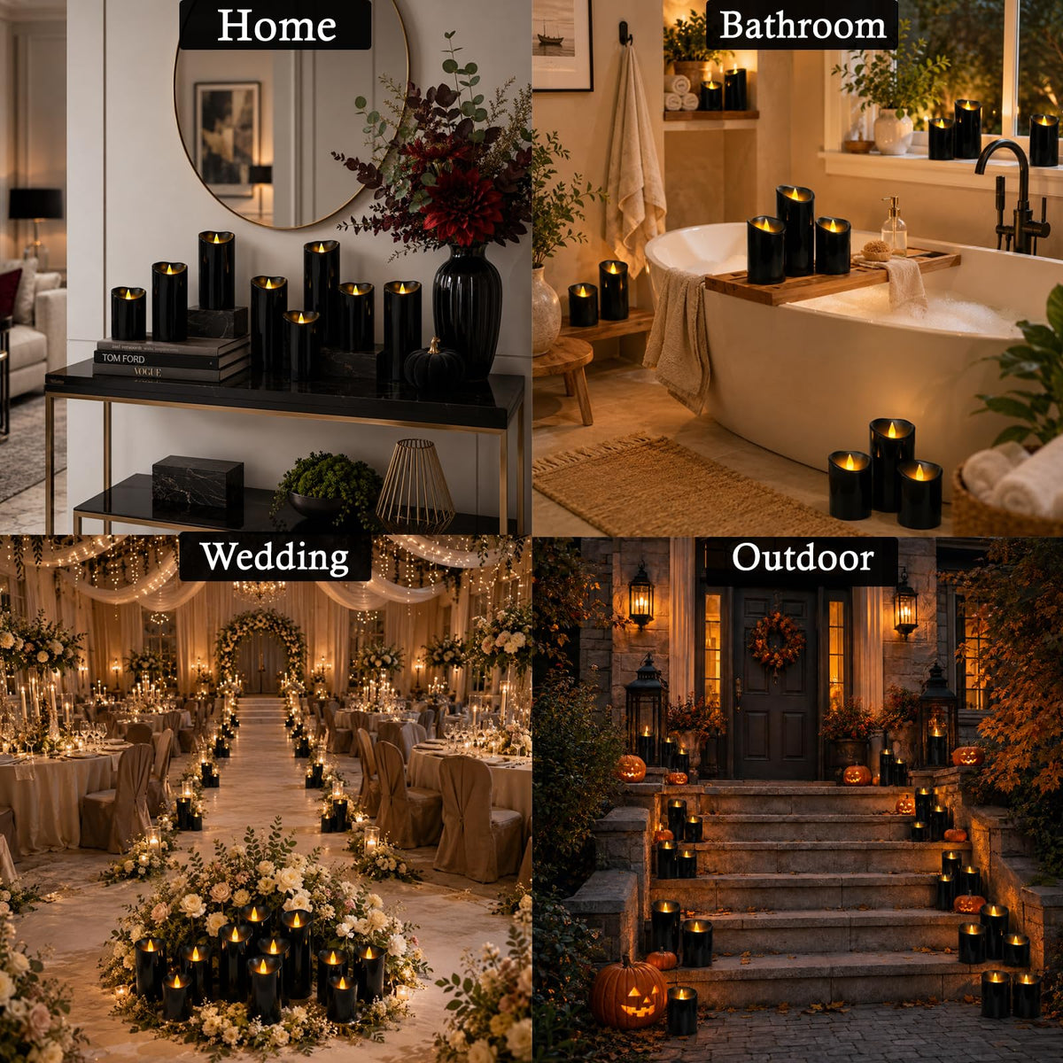 Outdoor Flameless Candles, Patented 3D Dual-LED, Set of 2 Slanted Plastic Pillars with Remote, Waterproof Non-Melting Battery Operated Decor for Bathroom Bedroom Gift, Black (D3 x H6)