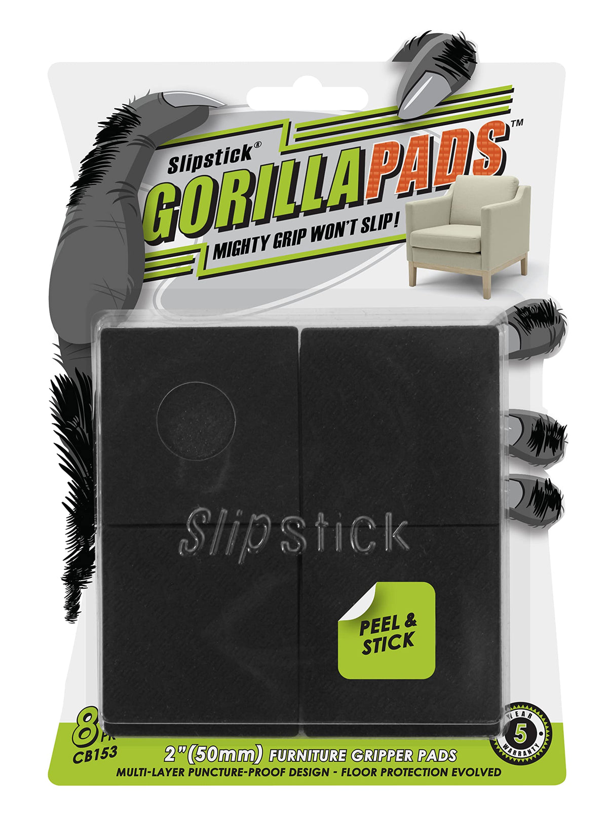 Slipstick GorillaPads Non Slip Furniture Pads/Gripper Floor Protectors (Set of 4) 3 Inch Square Self Adhesive Rubber Stoppers for Furniture Legs, CB155