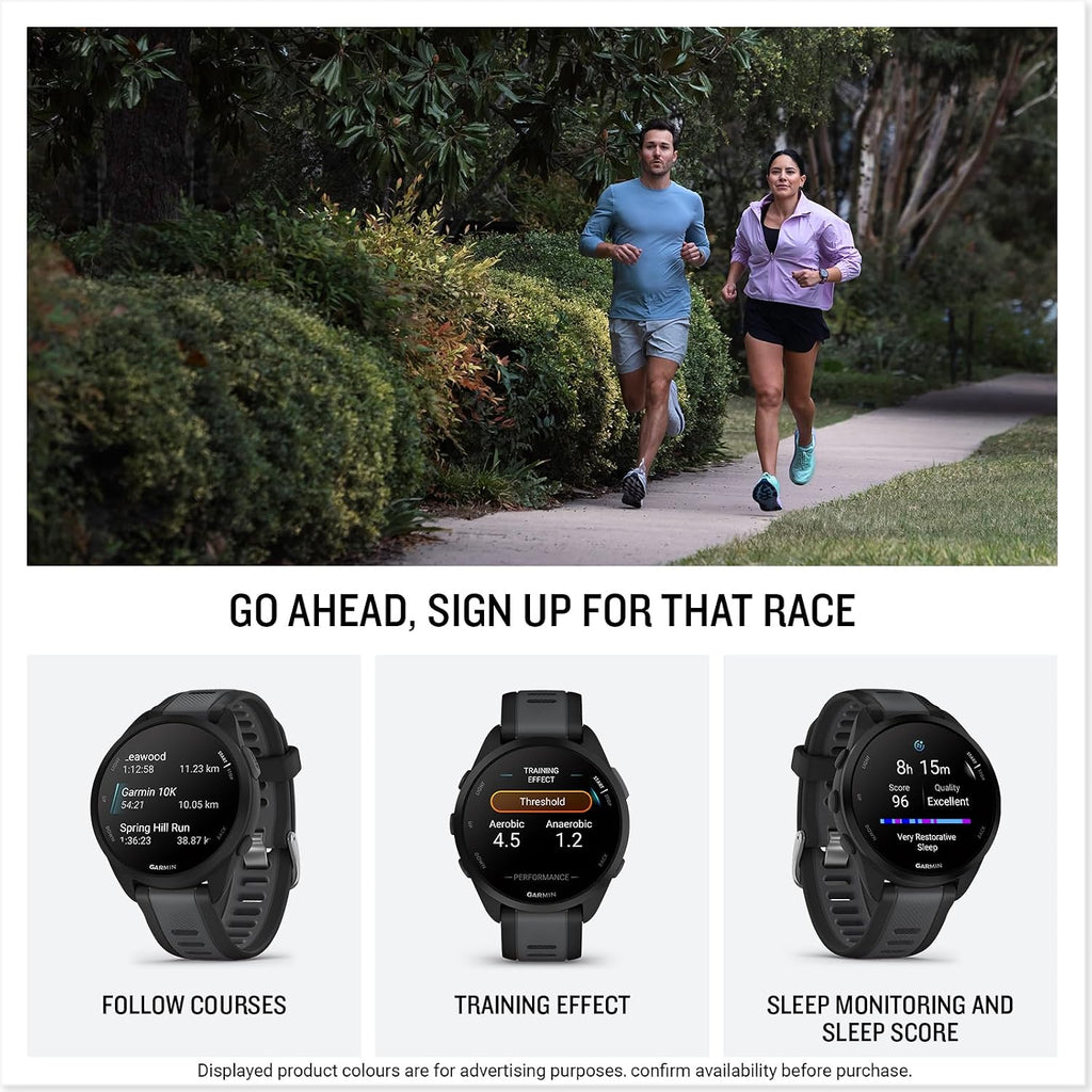 Garmin Forerunner 165, 43mm GPS running smartwatch, lightweight, AMOLED touchscreen, advanced training, insights & features, safety & tracking features, up to 11 days battery life, Black