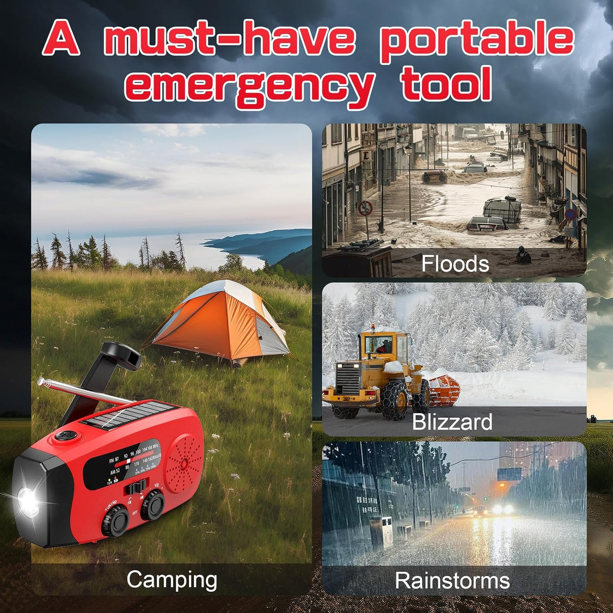 Wind Up Solar Radio, Emergency Radio, Portable Hand Crank Radio, AM/FM Radio with LED Torch, 7400mWh Rechargeable Power Bank, SOS Alarm, USB Phone Charger, Emergency Use for Camping Hiking (Red)