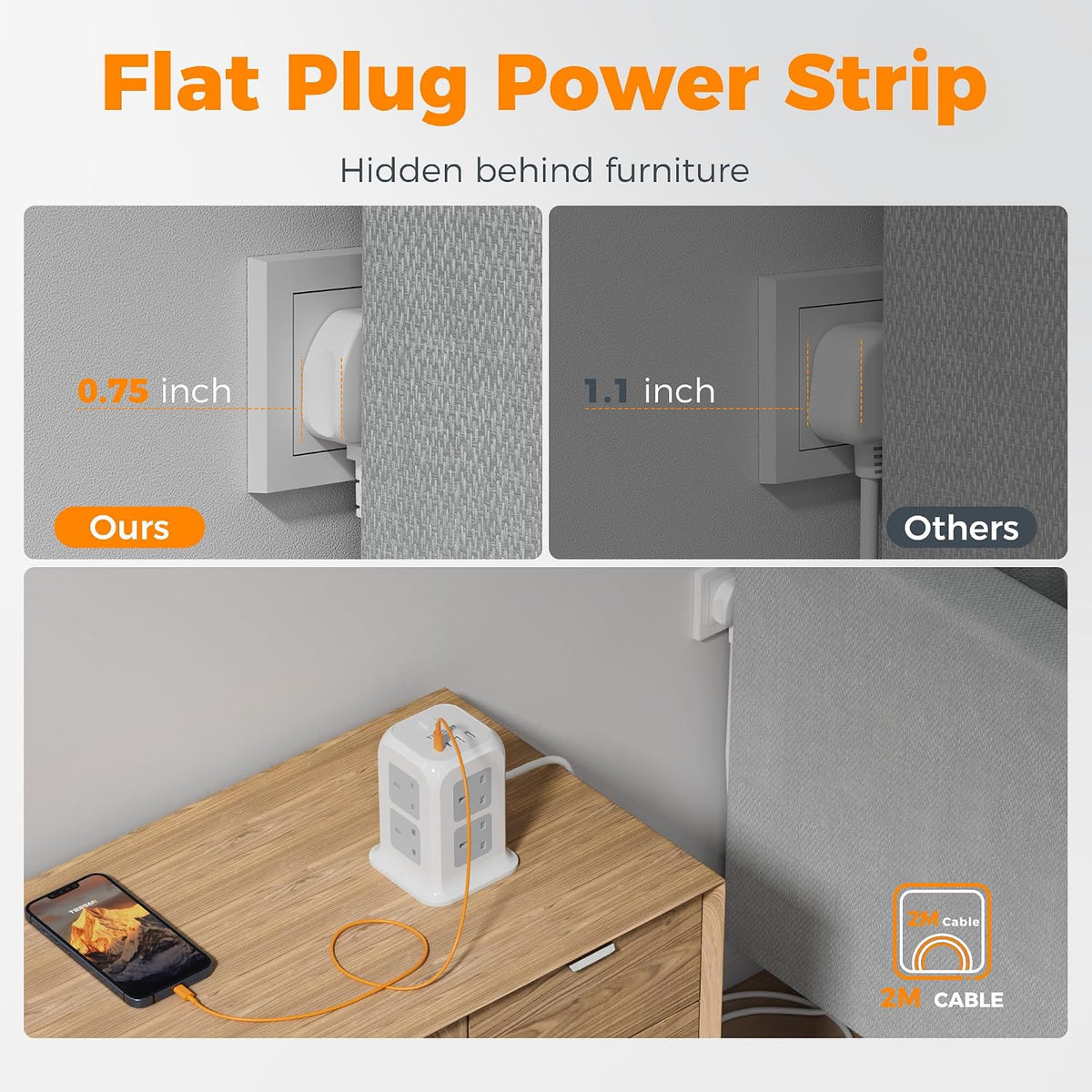 TESSAN 8 Way Tower Extension Lead 2M with 4 USB Slots (2 USB C)