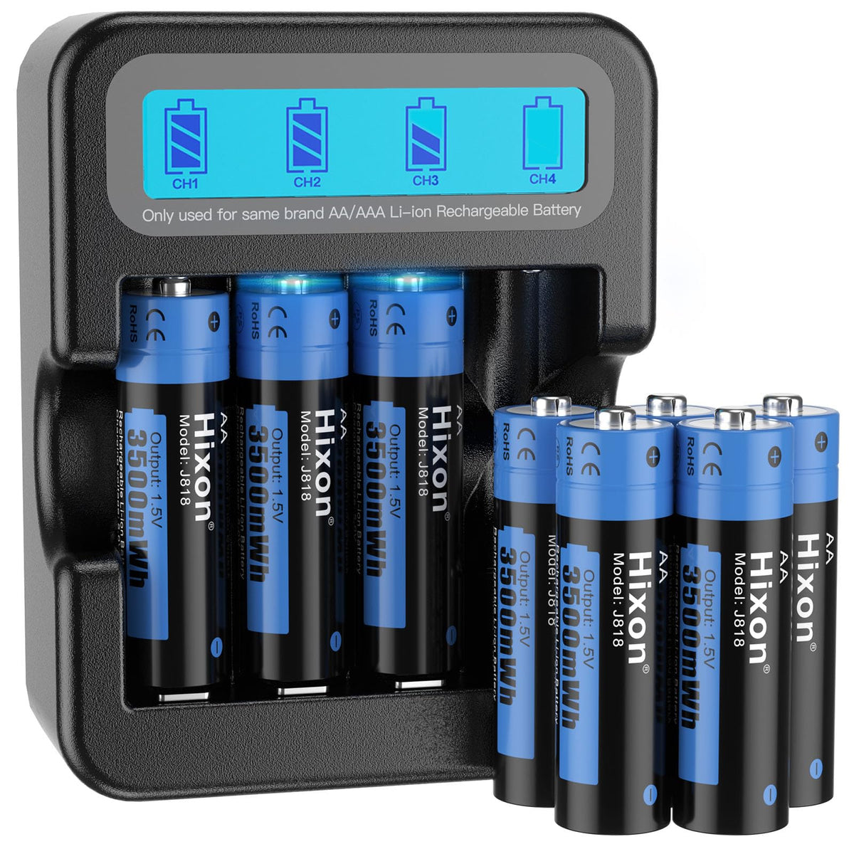 Hixon AA Rechargeable 1.5V Lithium Battery 4 Pack with LCD Charger, 3A High Current Output,3500mWh High Capacity, Constant Output,1600 Cycles,Long Lasting