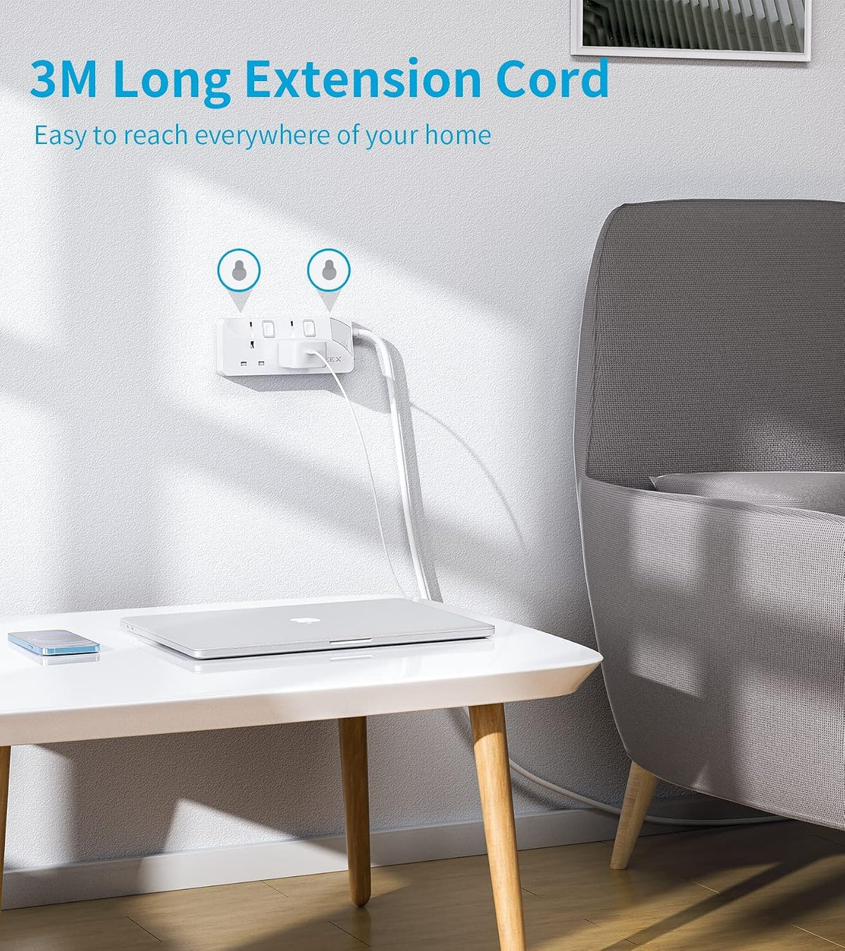 PIBEEX Extension Lead 2 Way Plug Sockets with Individual Switches Wall Mountable Power Strip 3M Extension Cable 13A Fused UK Plug 3250W