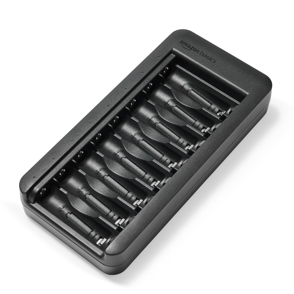 Amazon Basics Battery Charger for Rechargeable AA and AAA NiMh Batteries – UK Plug, 4-Bay, Black