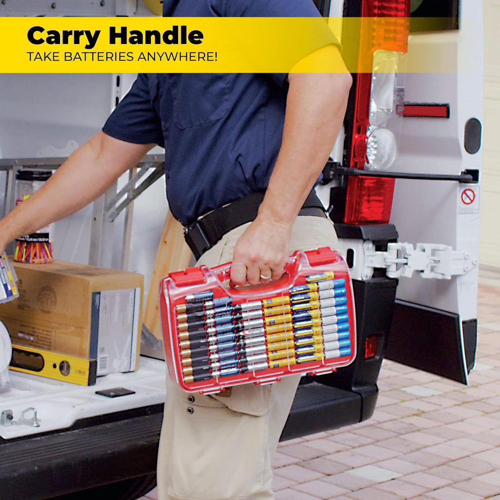 Ontel Battery Daddy Storage & Organizer Case w/Tester, Stores & Protects Up to 180 Batteries, Double-Sided, Clear Locking Lid, Secure Latches & Portable Carrying Handle - Red (Batteries Not Included)