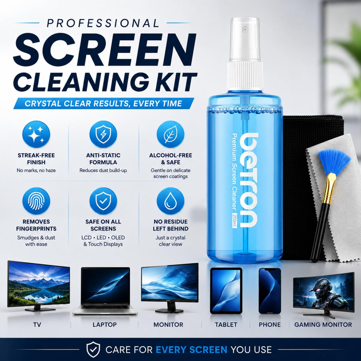 Betron Screen Cleaner Spray Kit with Cloth for TV, Laptop, Monitor, 500ml
