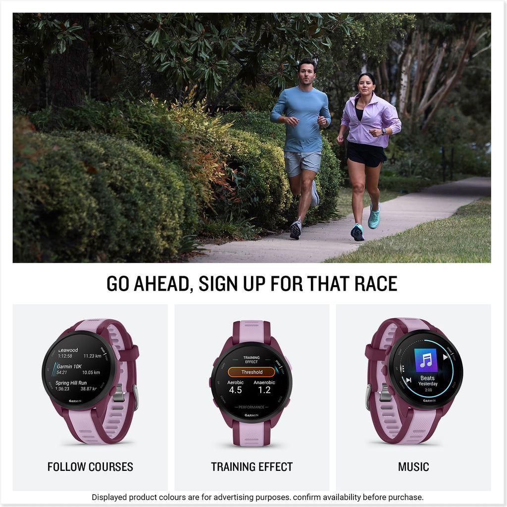 Garmin Forerunner 165, 43mm GPS running smartwatch, lightweight, AMOLED touchscreen, advanced training, insights & features, safety & tracking features, up to 11 days battery life, Black