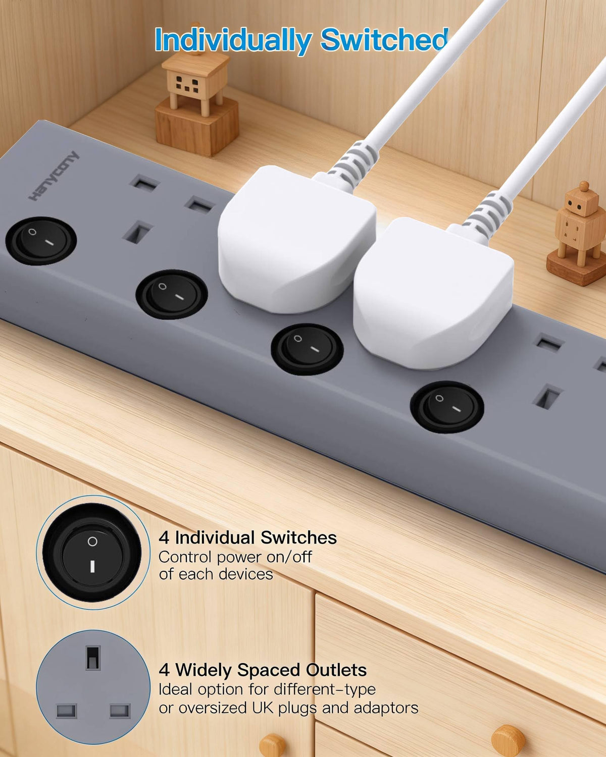 Black Extension Lead with 4 USB Slots(2 USB C), 4 Way Plug Extension Socket