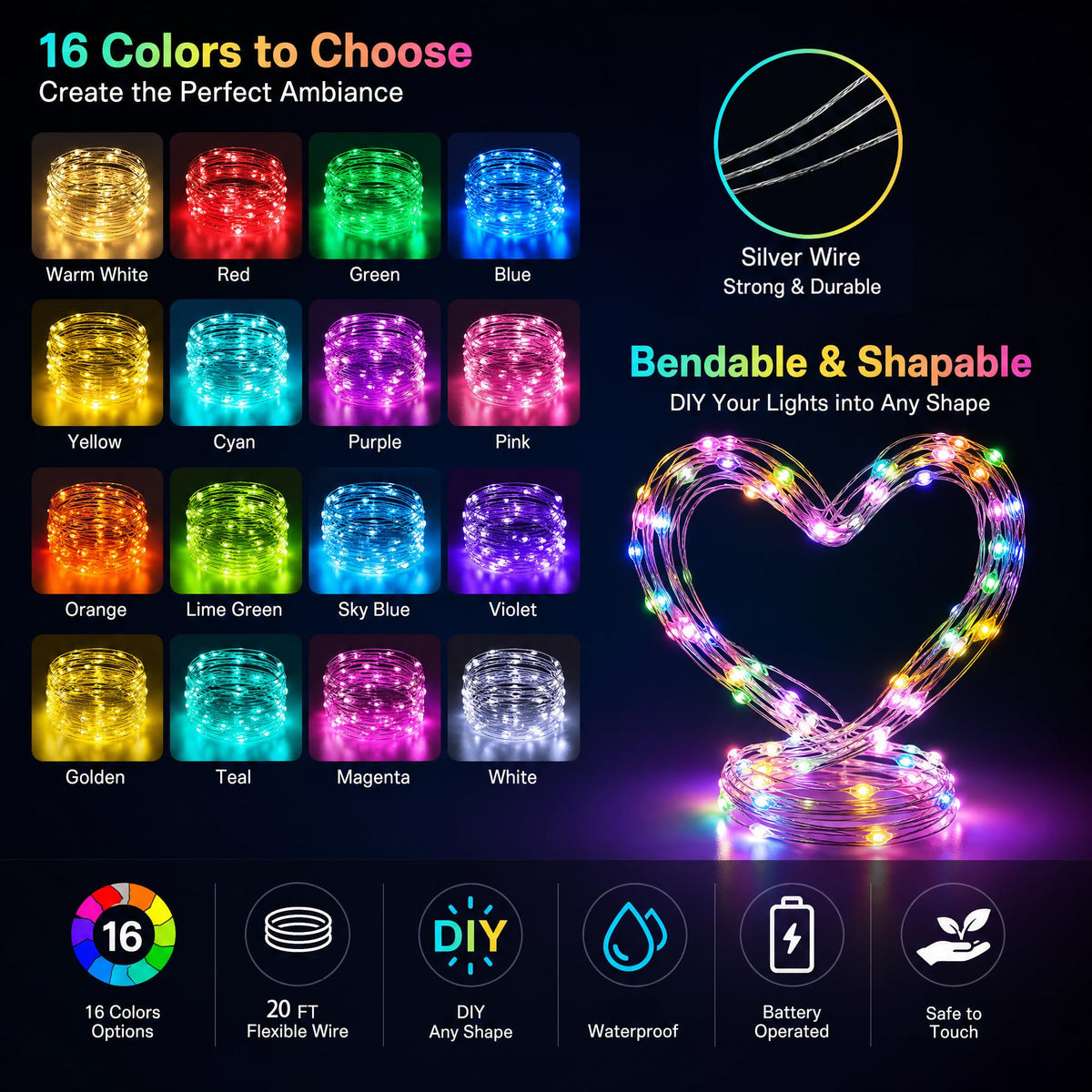 Dazzle Bright Fairy Lights Battery Operated, 20 FT 60 LED Silver Wire Waterproof Battery Operated String Lights, Christmas Decorations for Indoor Outdoor Bedroom Yard Decor, Red