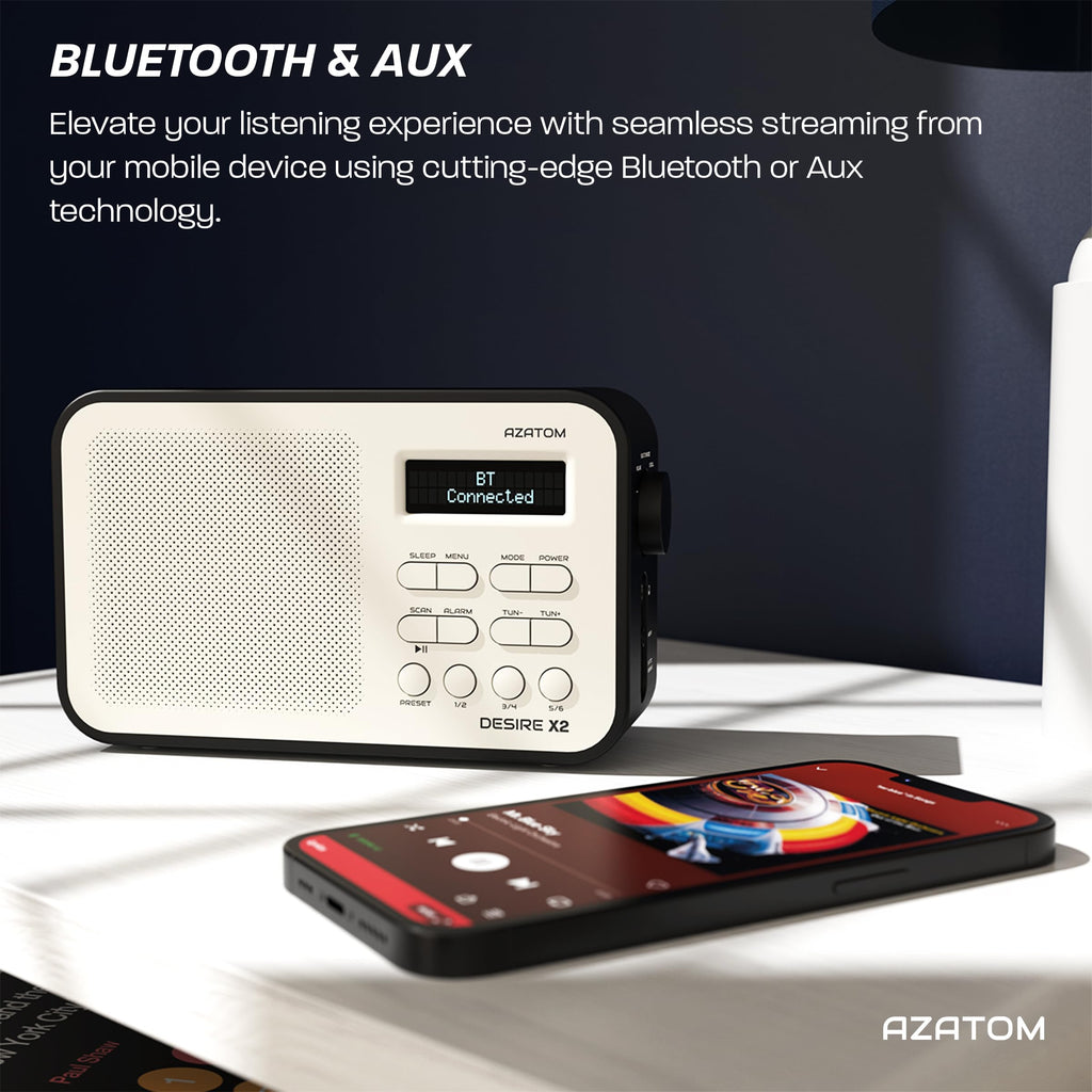 DAB/DAB+ & FM Portable Digital Radio | Simple Controls | Dual Alarms & Sleep Timer | Battery & Mains Powered (4x”AA”) | Bluetooth | Perfect for Home, Office or Outdoors | AZATOM Desire X2 (Oak)