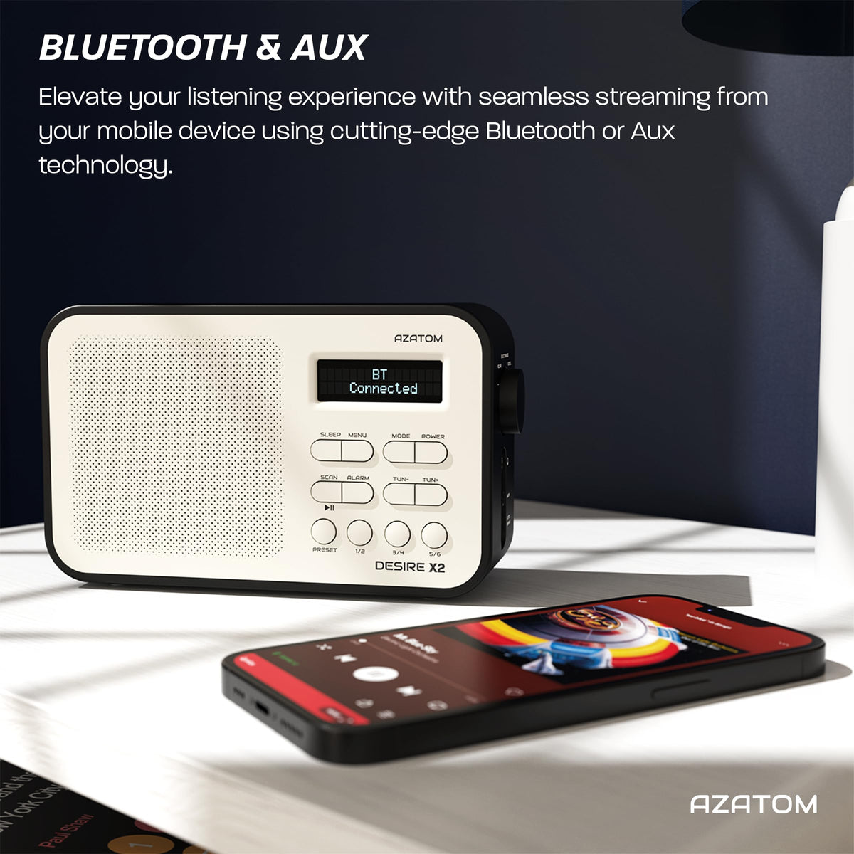 DAB/DAB+ & FM Portable Digital Radio | Simple Controls | Dual Alarms & Sleep Timer | Battery & Mains Powered (4x”AA”) | Bluetooth | Perfect for Home, Office or Outdoors | AZATOM Desire X2 (Oak)
