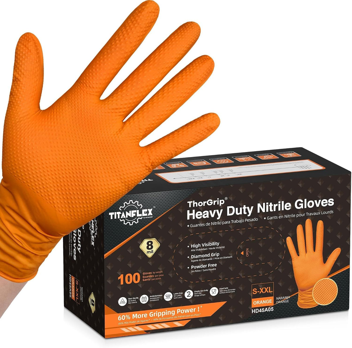 TitanFlex Heavy Duty Industrial Orange Nitrile Gloves, 8-mil, Gloves Disposable Latex Free with Raised Diamond Texture Grip, Powder Free, Rubber Glove, Mechanic Gloves,50-ct Box (Small)