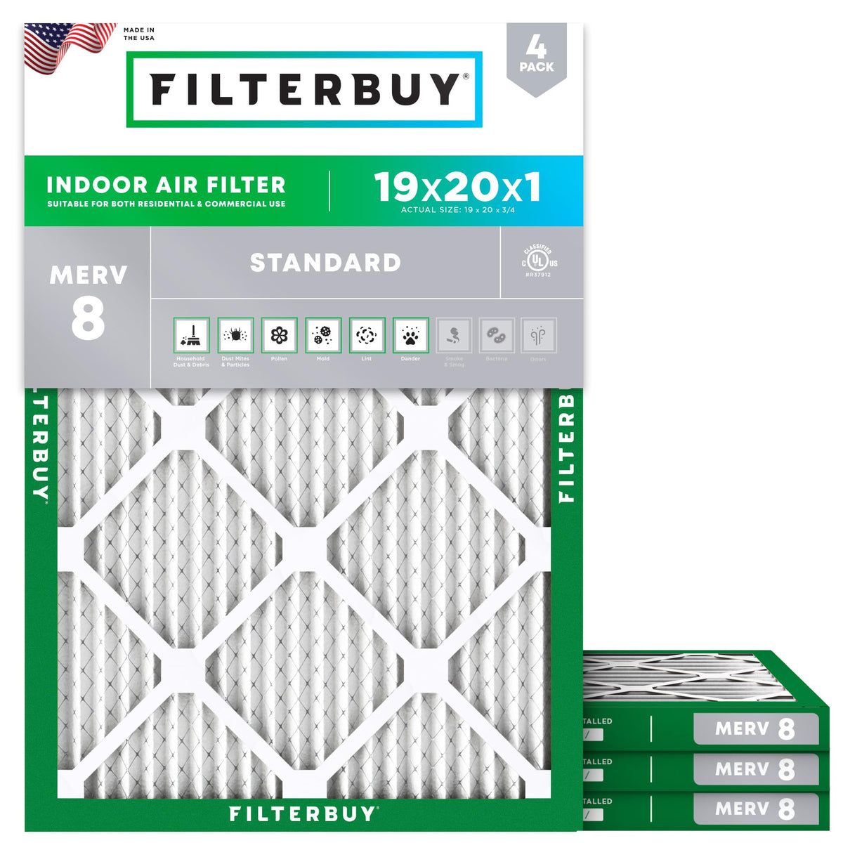 Filterbuy 20x20x1 Air Filter MERV 8 Dust & Allergy Defense (4-Pack)