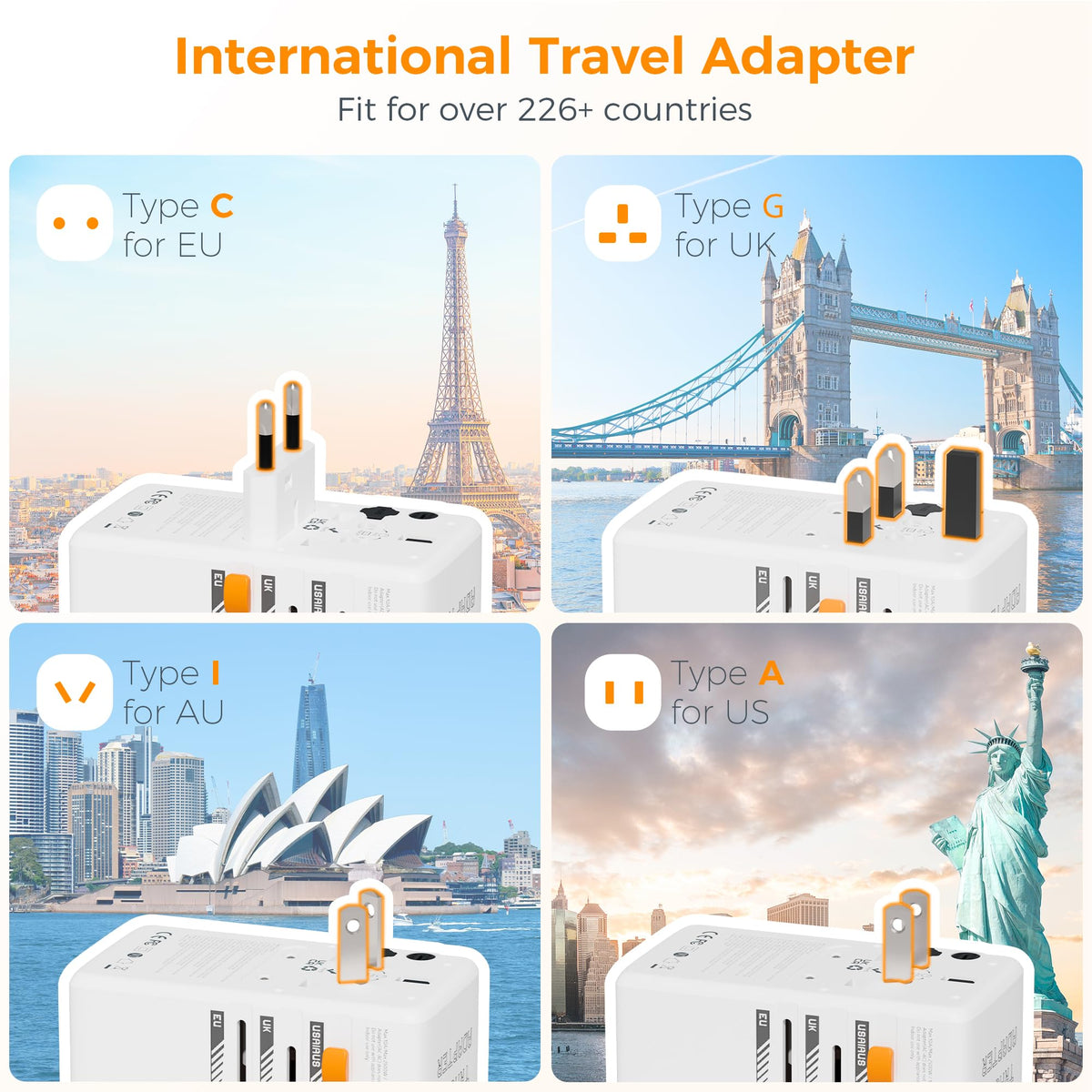 TESSAN Universal Travel Adapter Worldwide with 2 USB C and 2 USB A Ports