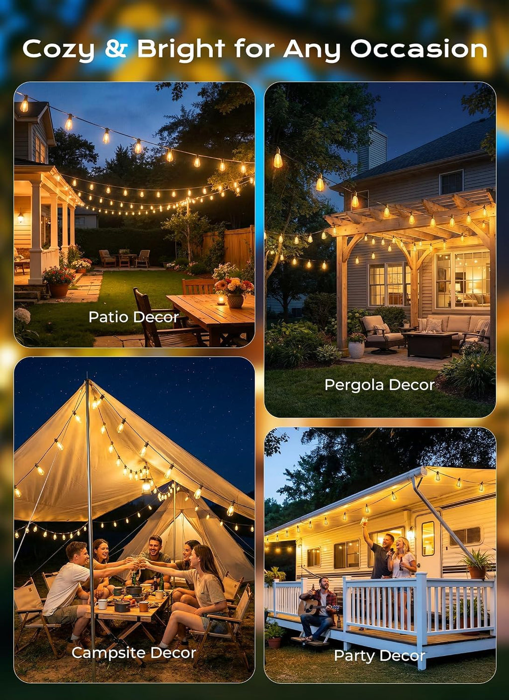 Brightown 52FT Solar String Lights Outdoor Waterproof, Last 30+ Hrs Runtime