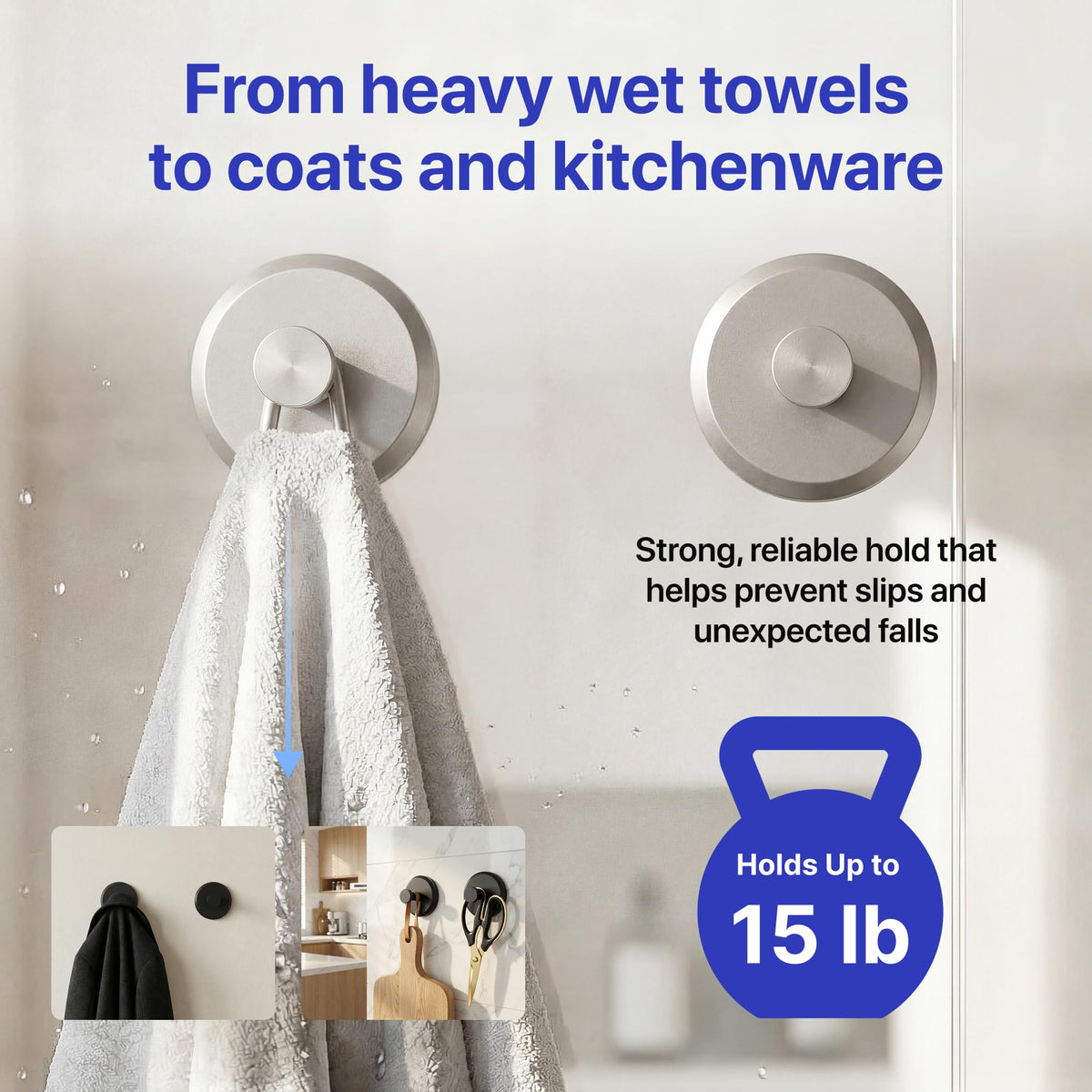 HOME SO Suction Cup Hooks for Shower & Bathroom Towel Holder 2-Pack Black