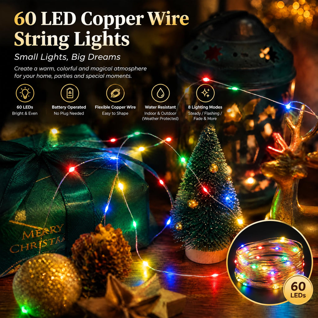 Dazzle Bright Fairy Lights Battery Operated, 20 FT 60 LED Silver Wire Waterproof Battery Operated String Lights, Christmas Decorations for Indoor Outdoor Bedroom Yard Decor, Red