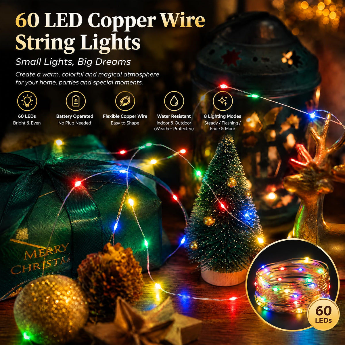 Dazzle Bright Fairy Lights Battery Operated, 20 FT 60 LED Silver Wire Waterproof Battery Operated String Lights, Christmas Decorations for Indoor Outdoor Bedroom Yard Decor, Red