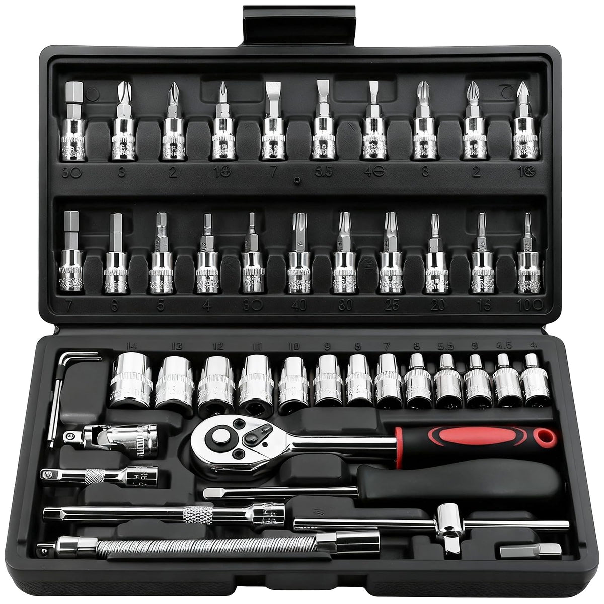 Egofine 46 Pieces 1/4 inch Drive Socket Ratchet Wrench Set, with Bit Socket Set Metric and Extension Bar for Auto Repairing and Household, with Storage Case