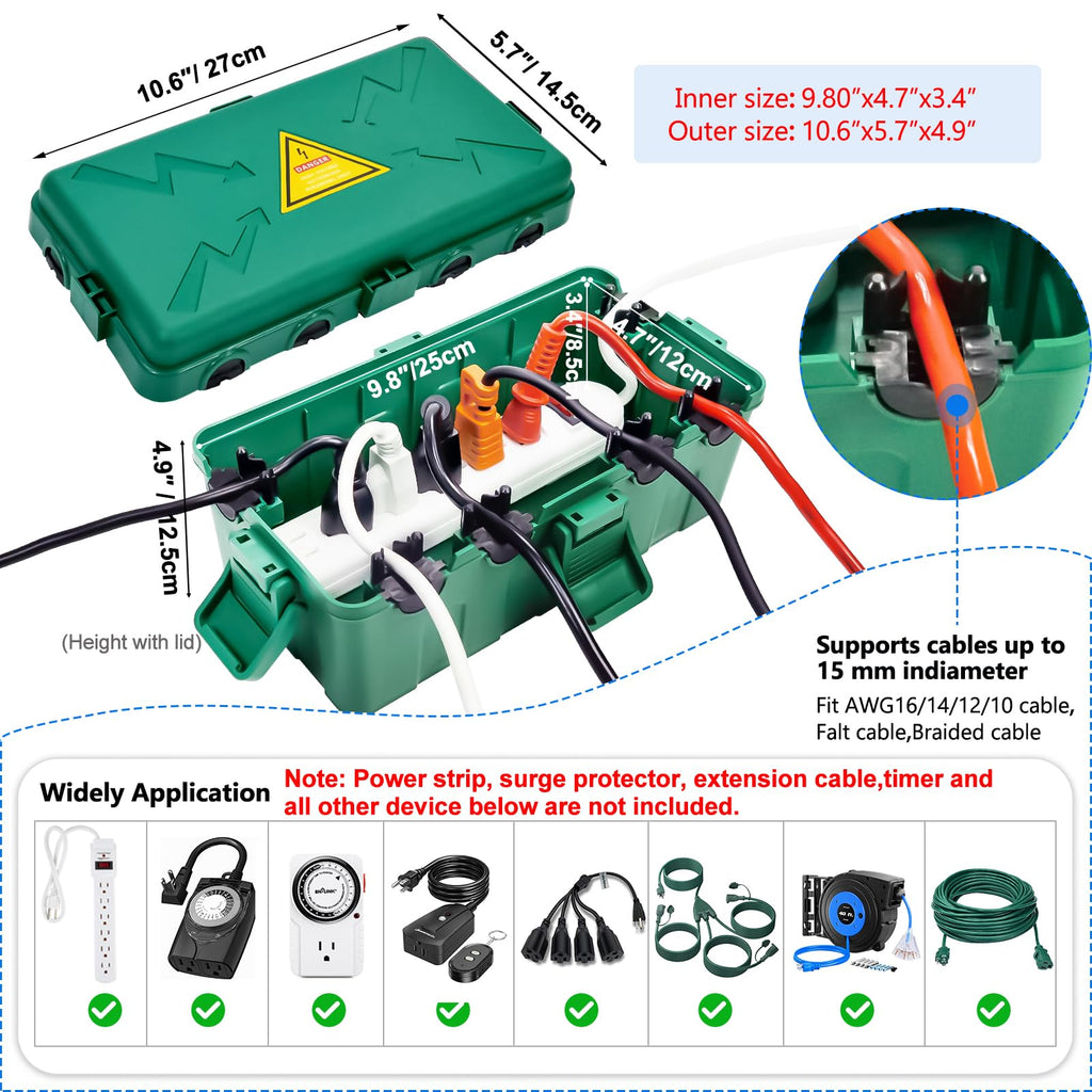 Hrensaw Medium Outdoor Electrical Box(10.6x5.5x4.5inch),Weatherproof Connection Box w/6 Cable Entry,IP54 Waterproof Extension Cord Cover Protect Power Strip,Timer,Plug,Holiday Lights,Black