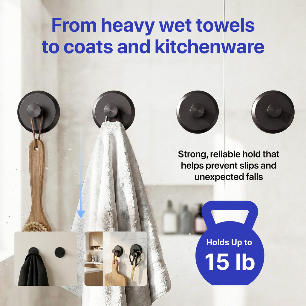 HOME SO Suction Cup Hooks for Shower & Bathroom Towel Holder 2-Pack Black
