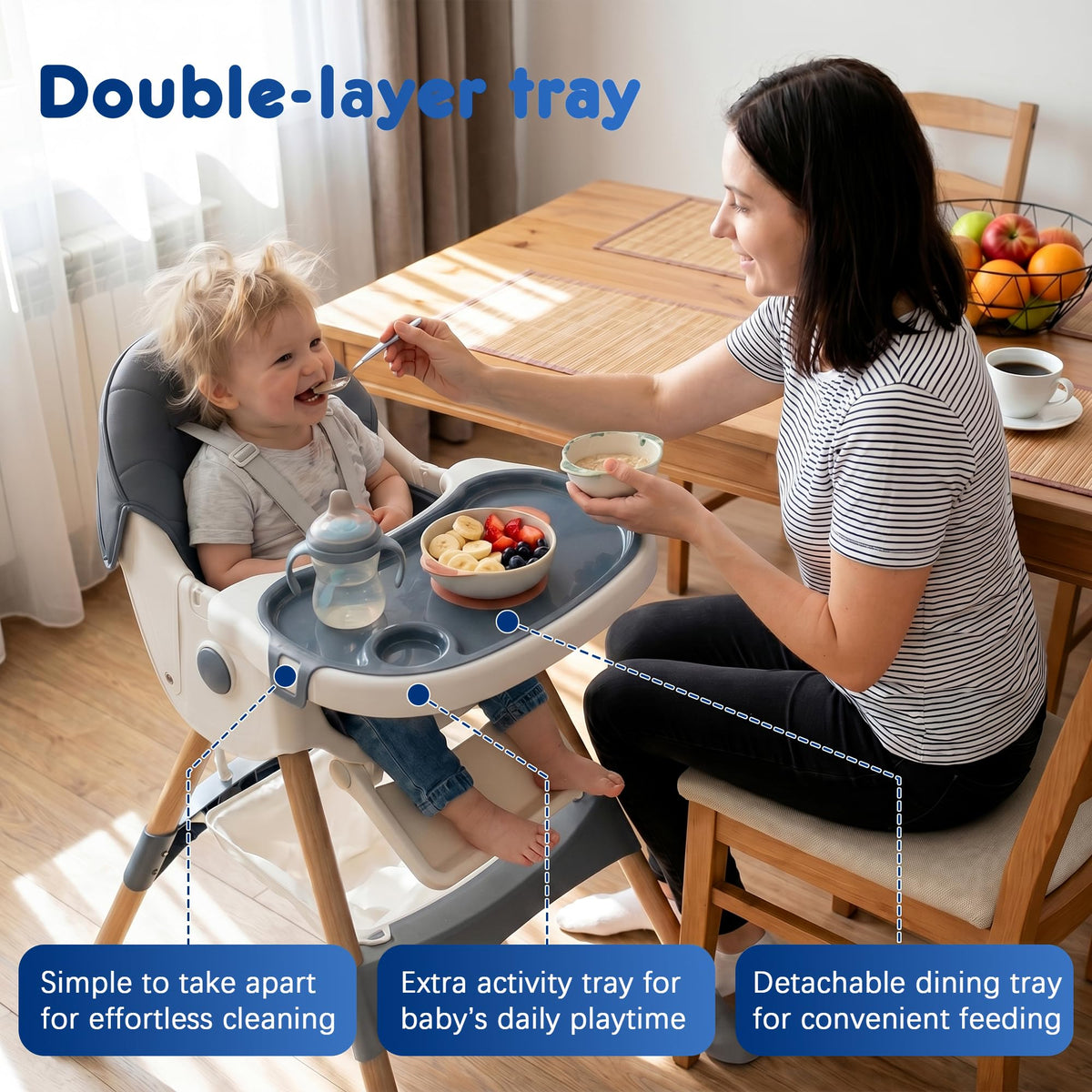 Baby High Chair Foldable Highchair, High Chairs for Babies and Toddlers Adjustable Height & Reclining Seat Detachable Double Tray, Ergonomic Feeding Portable Highchairs for Newborn 6 Months to 5 Years