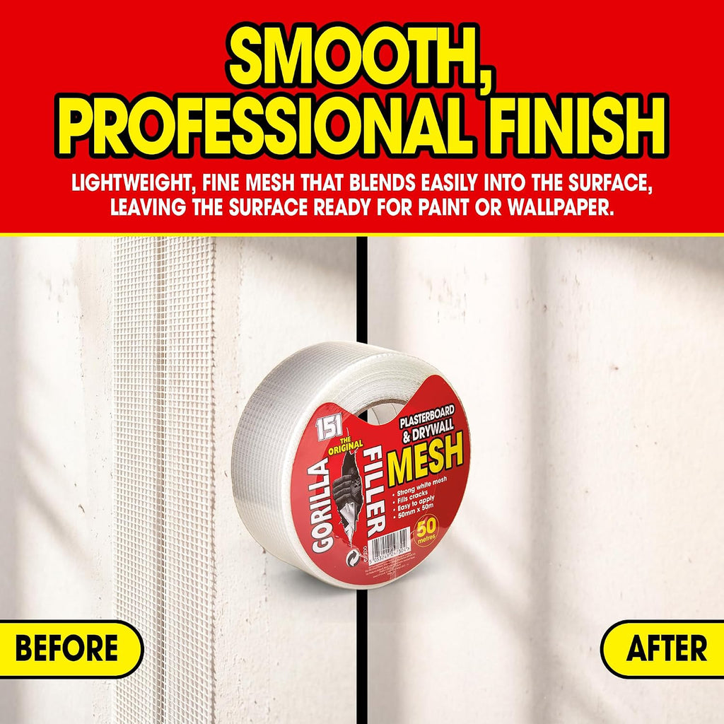 Gorilla Filler Plasterboard & Drywall Mesh Tape | Fills Cracks - Easy to Apply (Self Adhesive) | 50mm x 50m (White, 50m)