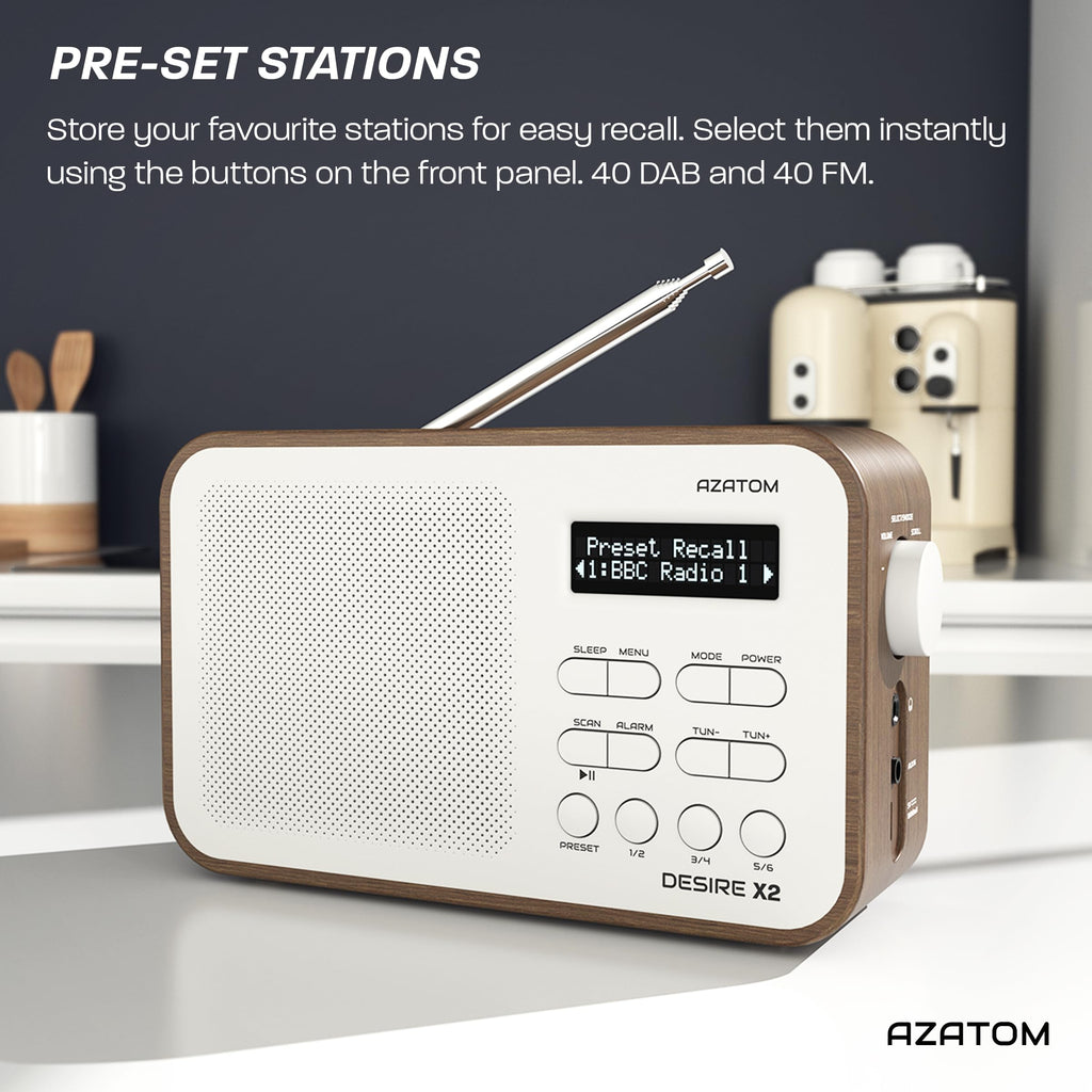 DAB/DAB+ & FM Portable Digital Radio | Simple Controls | Dual Alarms & Sleep Timer | Battery & Mains Powered (4x”AA”) | Bluetooth | Perfect for Home, Office or Outdoors | AZATOM Desire X2 (Oak)