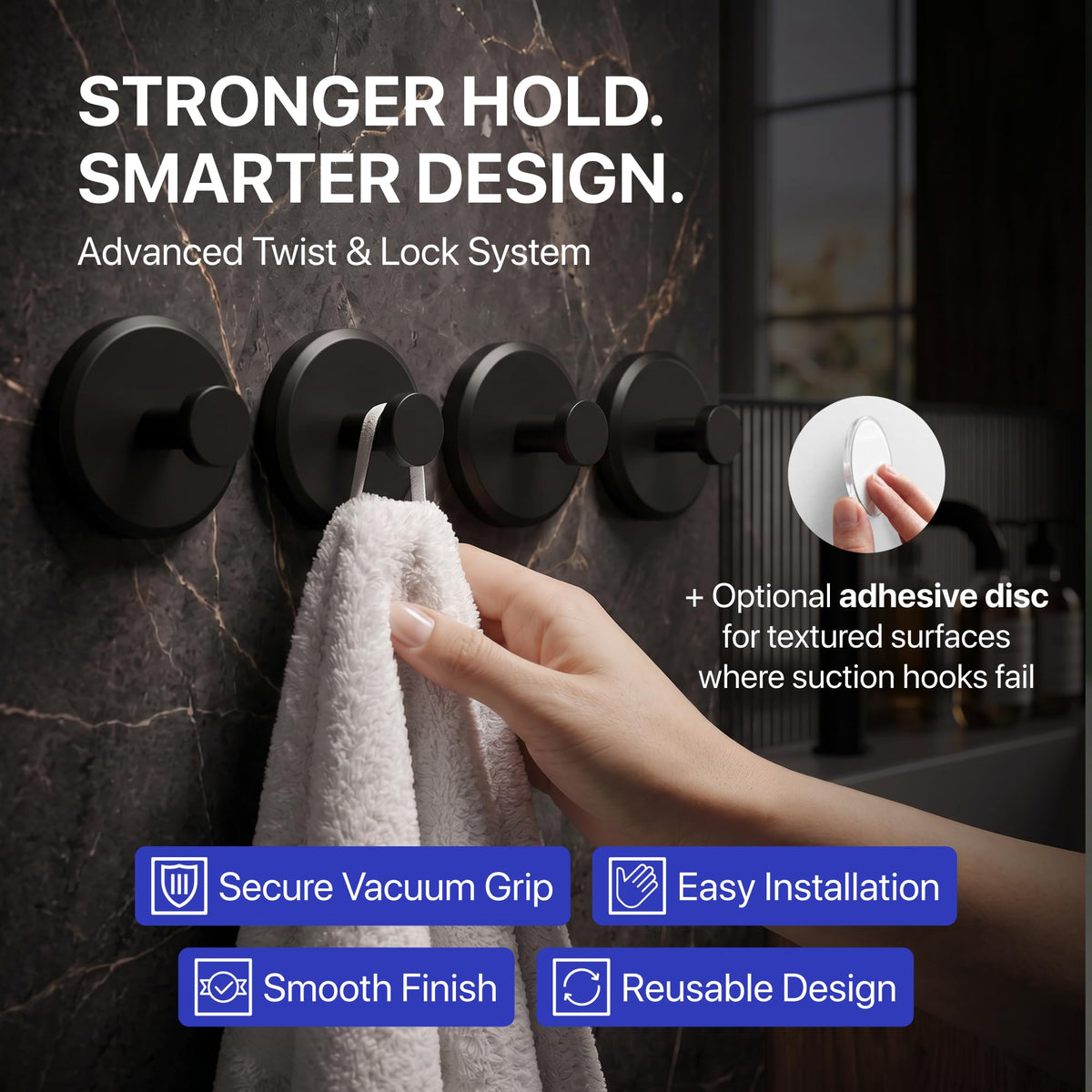 HOME SO Suction Cup Hooks for Shower & Bathroom Towel Holder 2-Pack Black