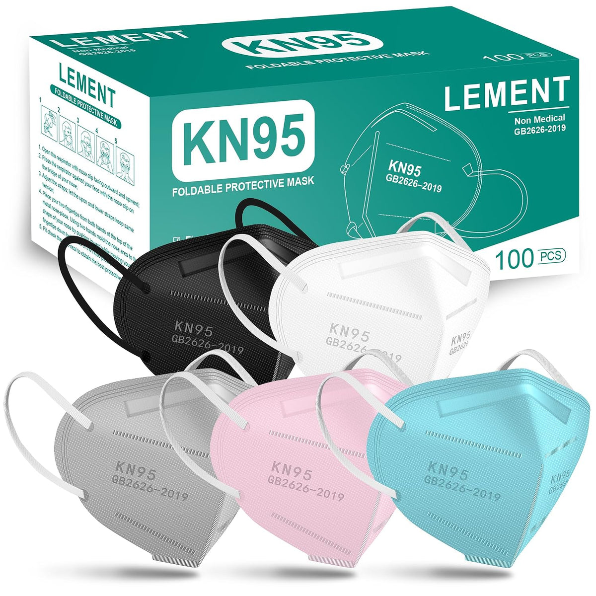 LEMENT 50pcs KN95 Face Mask Black 5-Layer Filter≥95% Cup Dust Safety Masks