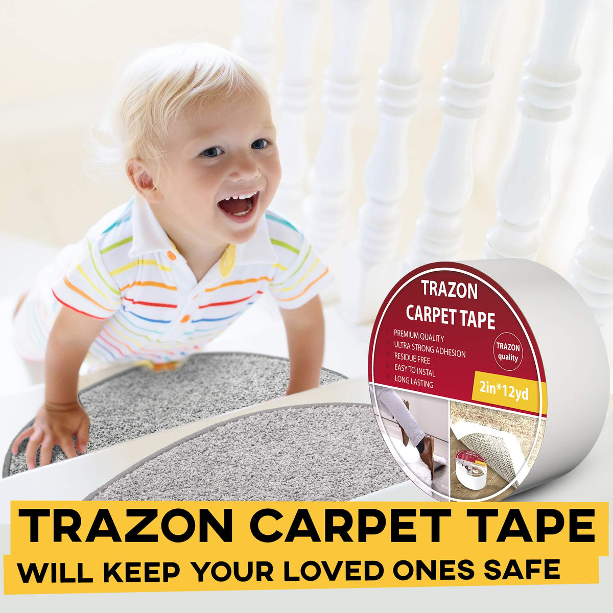 Carpet Tape Double Sided - Rug Tape Grippers for Hardwood Floors and Area Rugs - Carpet Binding Tape Strong Adhesive and Removable, Heavy Duty Stickers Grip Tape, Residue Free (2 Inch / 12 Yards)