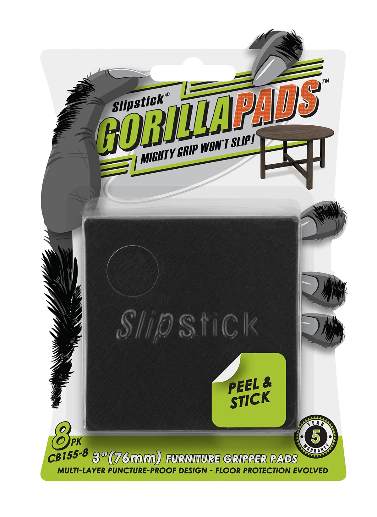Slipstick GorillaPads Non Slip Furniture Pads/Gripper Floor Protectors (Set of 4) 3 Inch Square Self Adhesive Rubber Stoppers for Furniture Legs, CB155