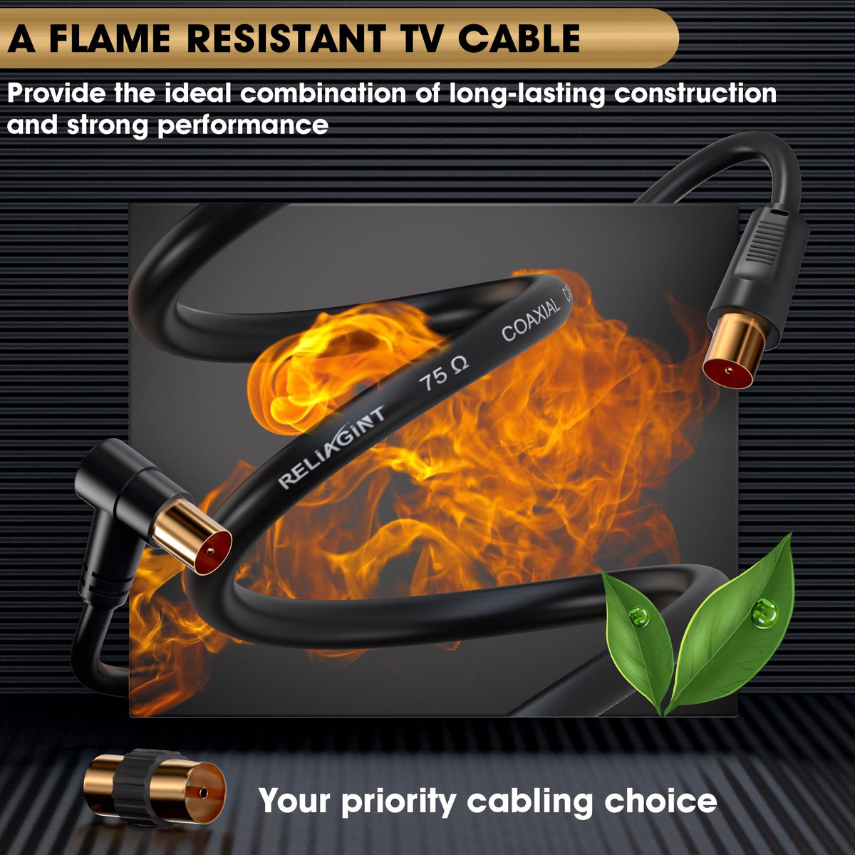 TV Aerial Cable 10m, 75 Ohm Coaxial Lead, IEC 9.5mm Male to Male 3C2V Pure Copper Dual Shielded, Right-Angle Connector, Female to Female Adaptor Included, Black