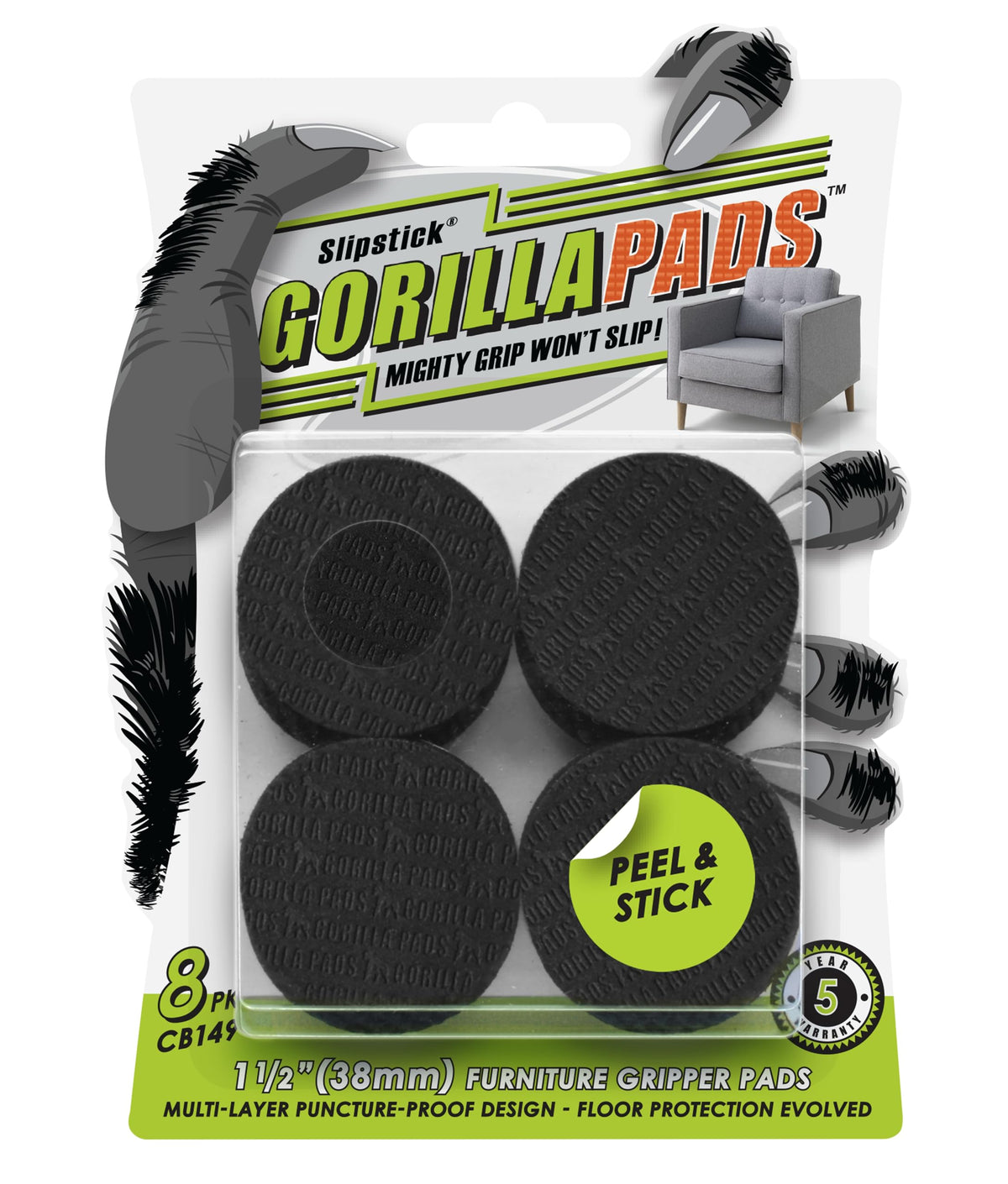 Slipstick GorillaPads Non Slip Furniture Pads/Gripper Floor Protectors (Set of 4) 3 Inch Square Self Adhesive Rubber Stoppers for Furniture Legs, CB155