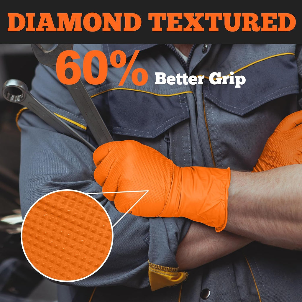 TitanFlex Heavy Duty Industrial Orange Nitrile Gloves, 8-mil, Gloves Disposable Latex Free with Raised Diamond Texture Grip, Powder Free, Rubber Glove, Mechanic Gloves,50-ct Box (Small)