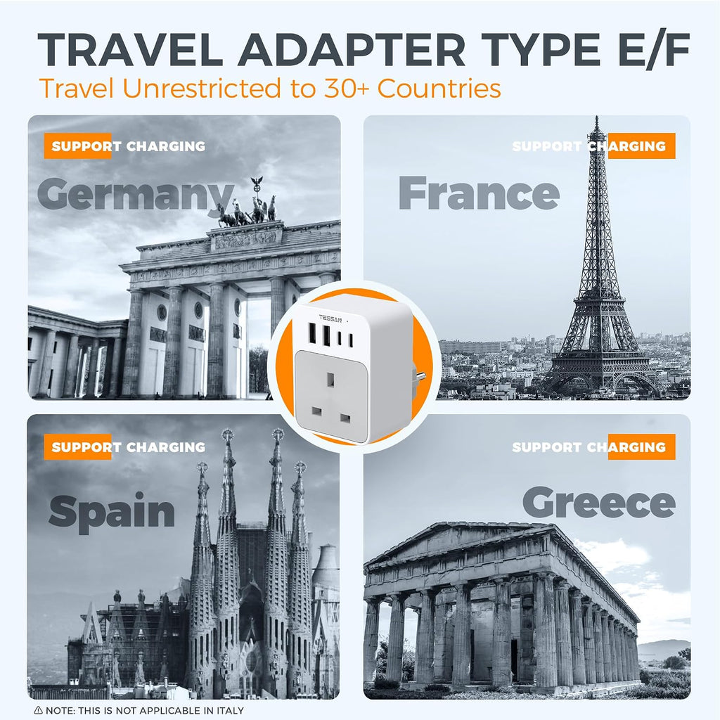 TESSAN UK to European Plug Adapter 2 Pack, EU Travel Plugs with USB C