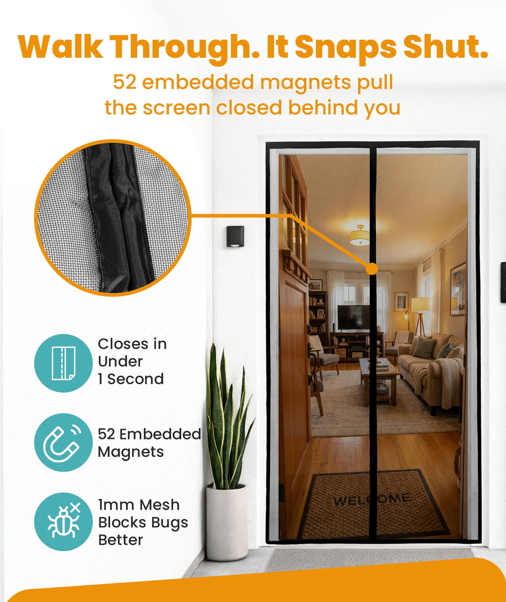 Flux Phenom Magnetic Screen Door - Bugs Out, Breeze in - 9min Install Auto-Sealing Heavy Duty Double Stitched Mesh, 52 Magnets, Hands Free Sliding & Patio Doors Net, Pet & Kid Friendly, 38 x 82 Inch