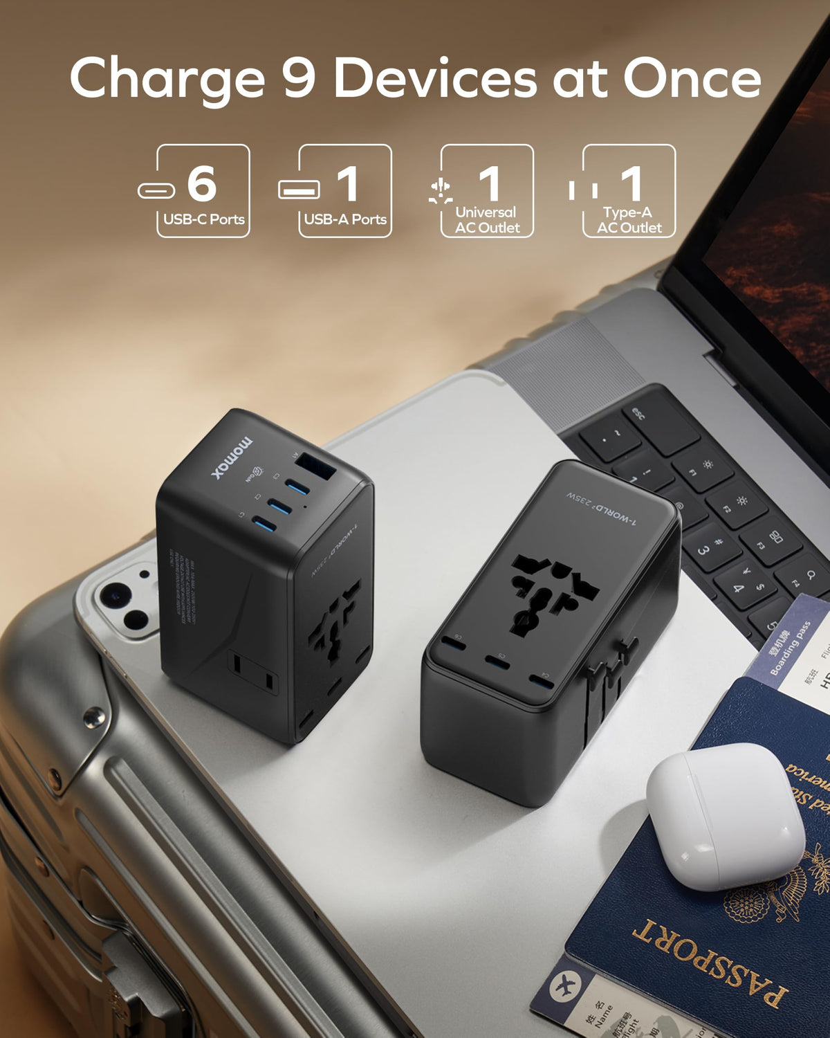 MOMAX Universal Travel Adapter 70W GaN, Travel Plug Adapter for UK/EU/AU/US
