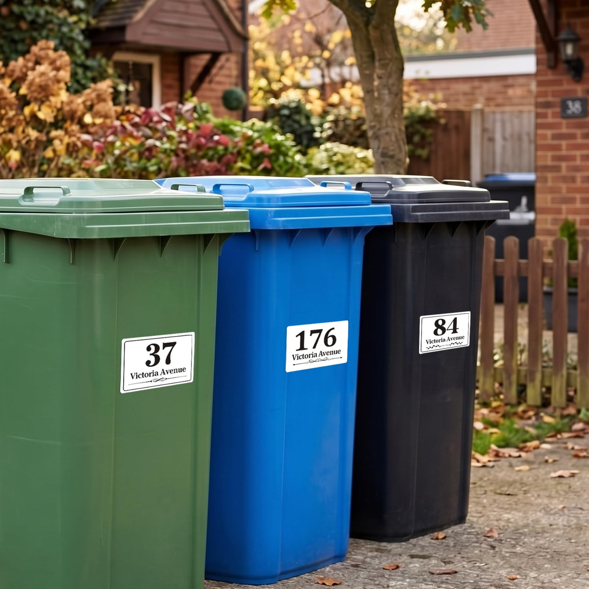 EDSG 4 x Wheelie Bin Stickers, Personalised Bin Numbers for Wheelie Bins, Custom Wheelies Bins Numbers Stickers, Number Sticker with House Number Street Name (Design 1)
