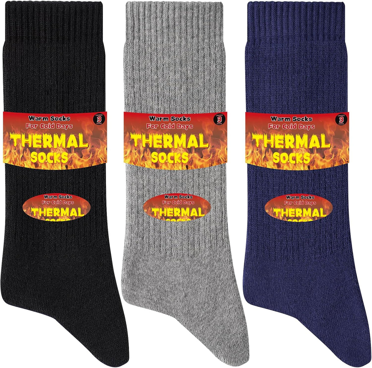 Niofind Warm Thermal Socks for Men Women, Full Cushion Winter Socks, Crew Length Black Heavy Duty Heated Cotton Boot Sock for Work Outdoor Walking, Hiking, Running, 3/6 Pairs, Gifts for Men women