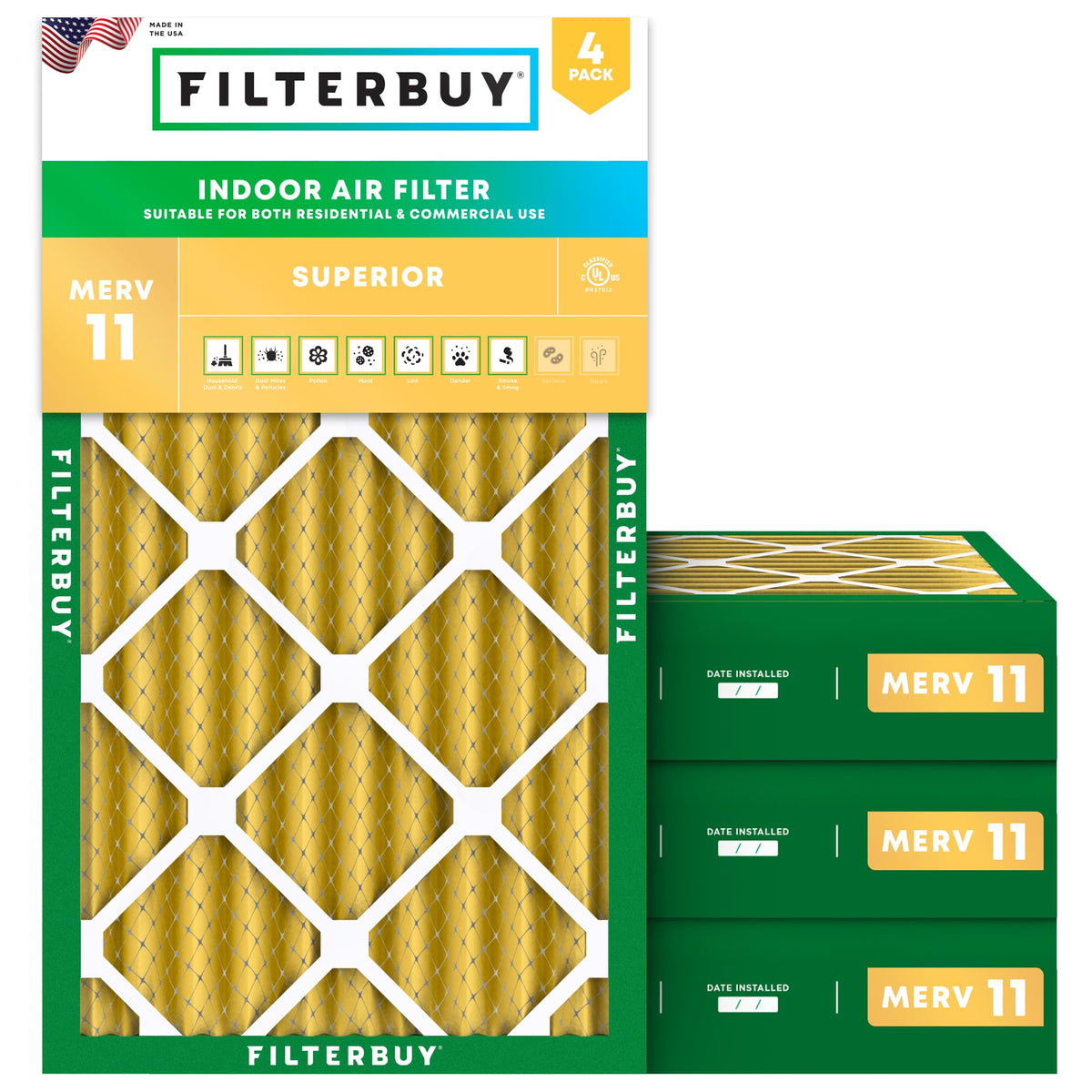 Filterbuy 16x20x1 Air Filter MERV 11 Pet & Allergy Defense (4-Pack)