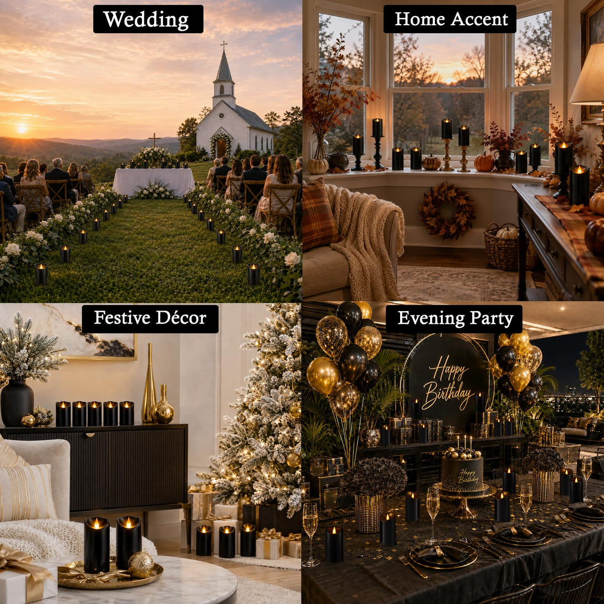 Outdoor Flameless Candles, Patented 3D Dual-LED, Set of 2 Slanted Plastic Pillars with Remote, Waterproof Non-Melting Battery Operated Decor for Bathroom Bedroom Gift, Black (D3 x H6)