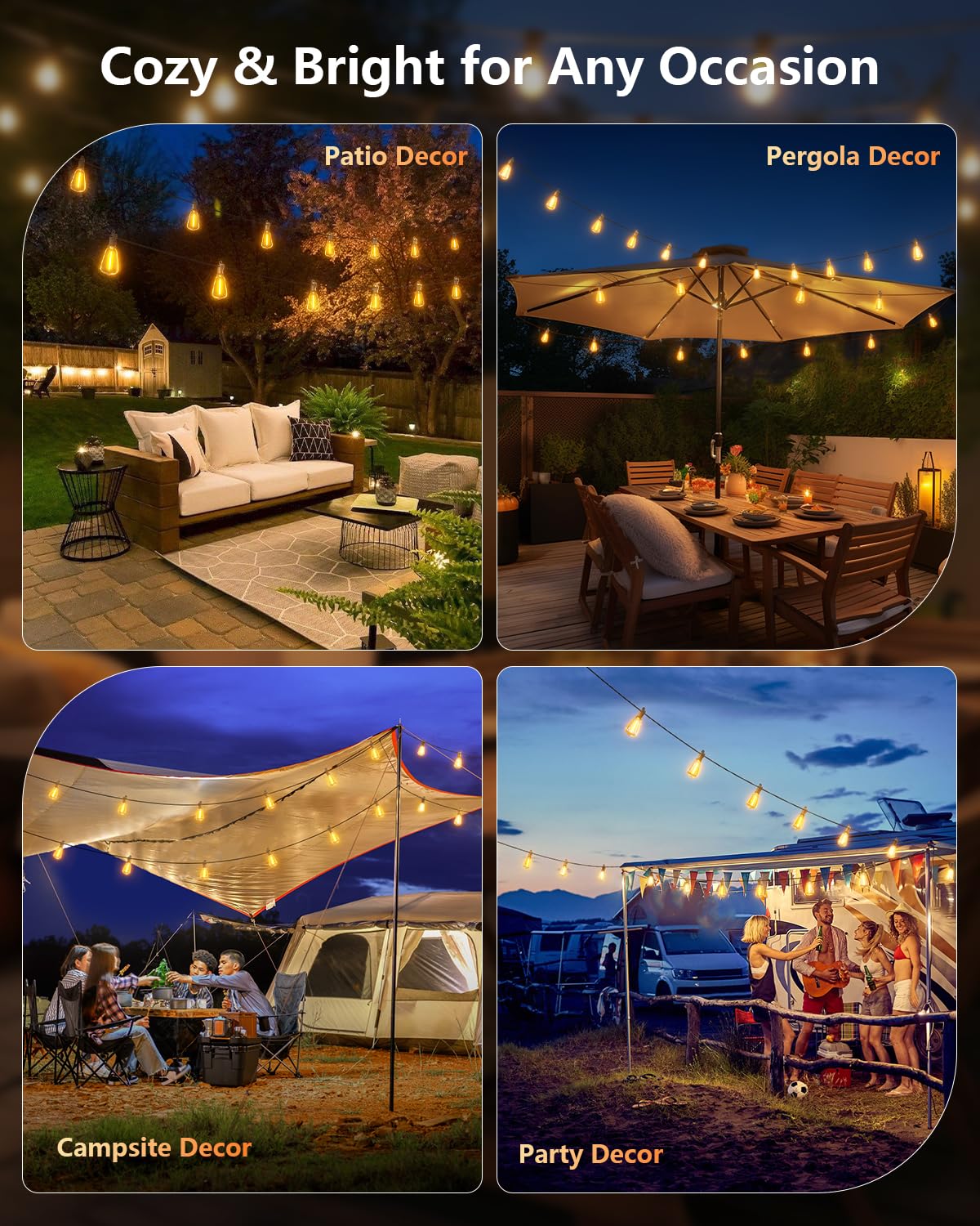 Brightown 52FT Solar String Lights Outdoor Waterproof, Last 30+ Hrs Runtime