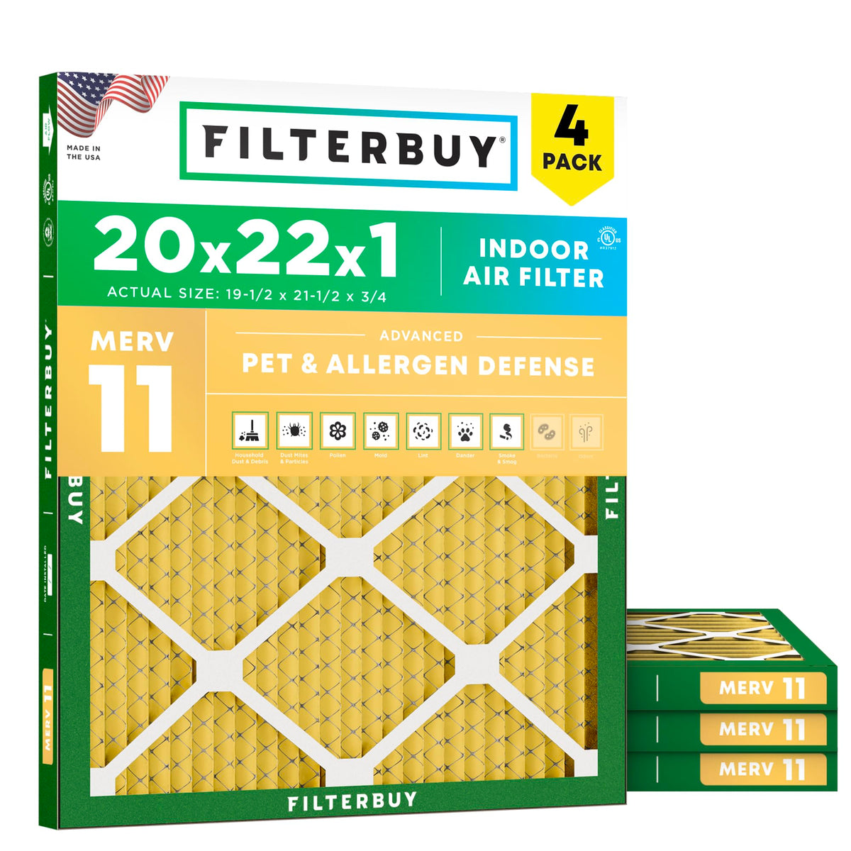 Filterbuy 16x20x1 Air Filter MERV 11 Pet & Allergy Defense (4-Pack)
