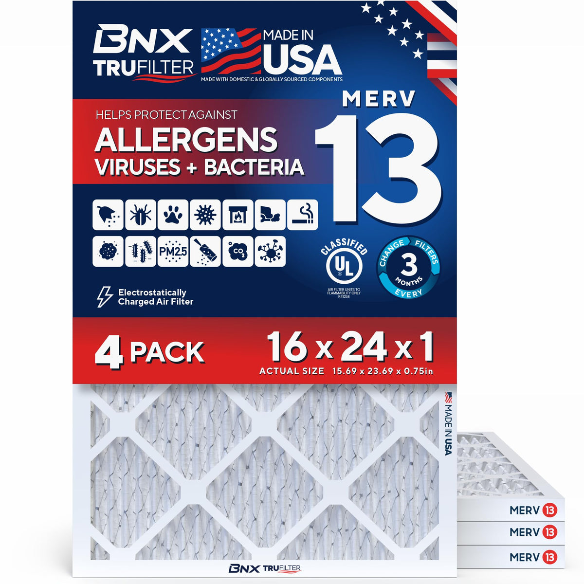 BNX TruFilter 20x20x1 Air Filter MERV 13 Smoke, Allergy, Pet Defense 6-Pack